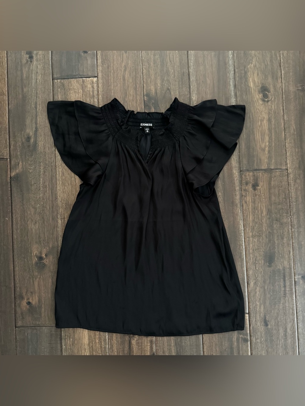 Express Black Ruffle Sleeve Smocked Neck V-Neck Blouse Top XS